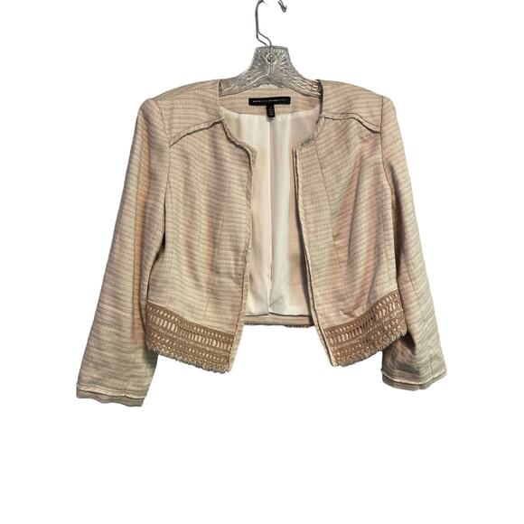 White House Black Market Cream Embroidered Cropped Open Front Linen Blend Blazer - Picture 1 of 12
